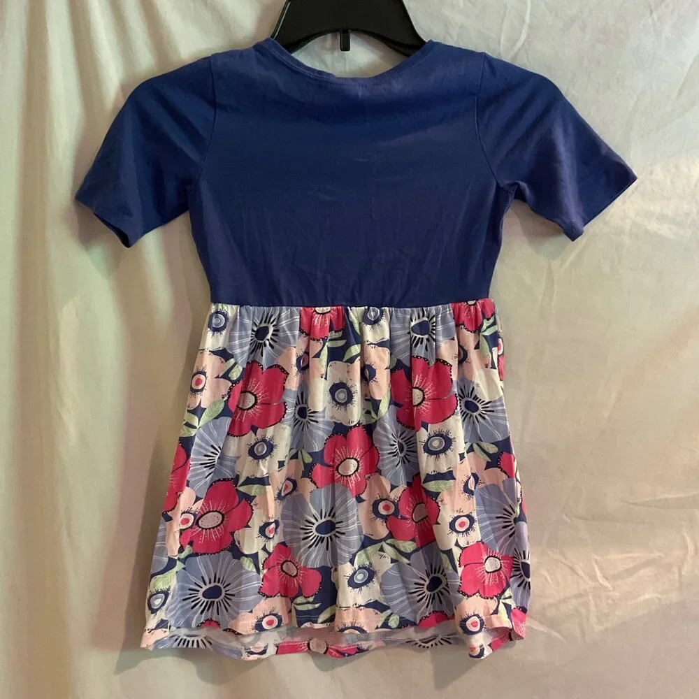 Gymboree Girls Size Small 5-6 Blue Solid Top Floral Bottom Short Sleeve Dress